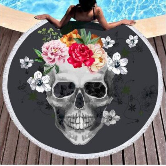 Unbranded Other - Round Pool Towel Skull Roses With Fringe 59 In